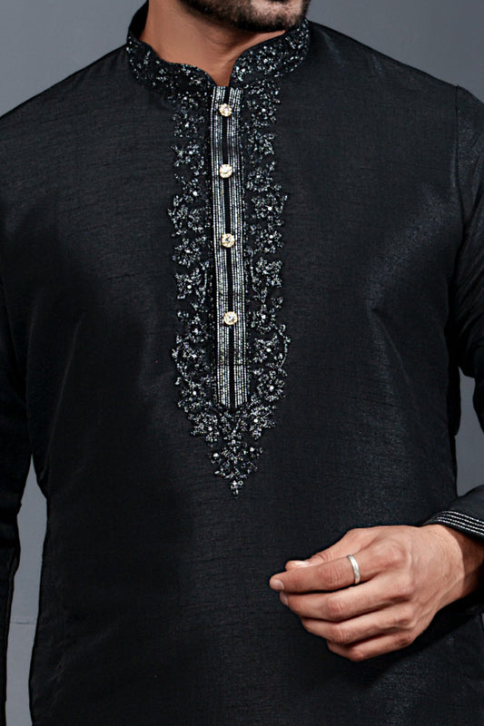 Black Banglori Silk Kurta Pajama (NMK-8745) - Nihal Fashions