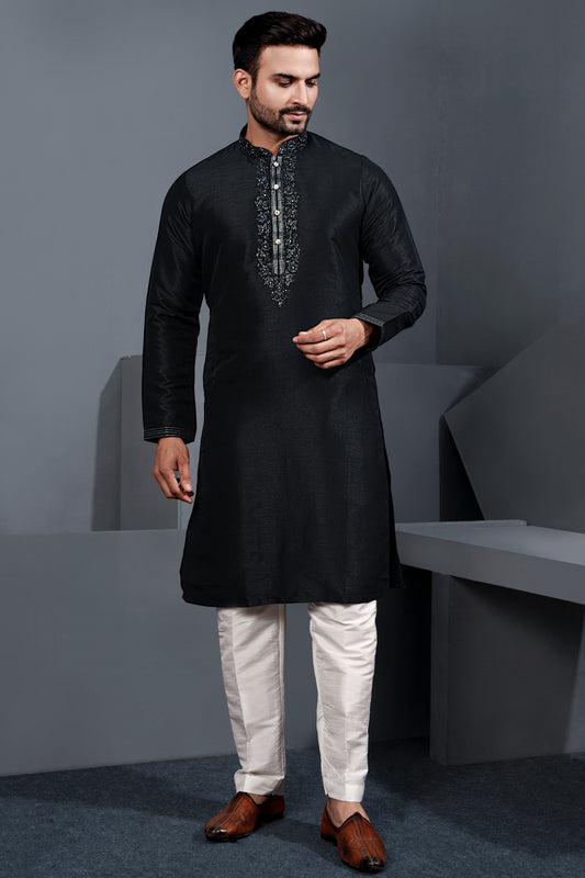 Black Banglori Silk Kurta Pajama (NMK-8745) - Nihal Fashions