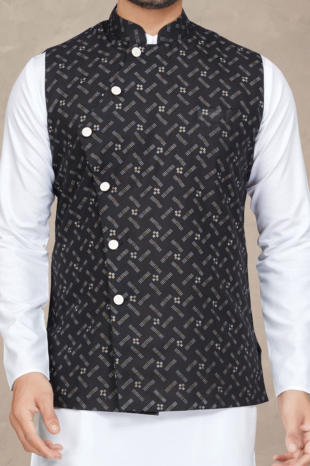 Black Cotton Mens Nehru Jacket (NMK-6947) - Nihal Fashions