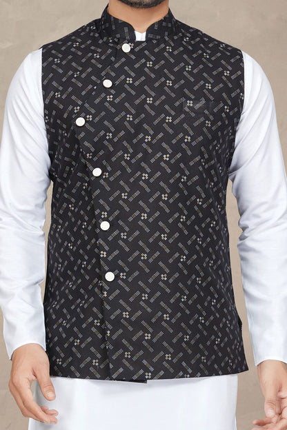Black Cotton Mens Nehru Jacket (NMK-6947) - Nihal Fashions