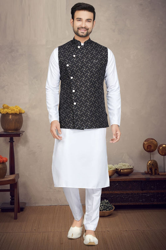 Black Cotton Mens Nehru Jacket (NMK-6947) - Nihal Fashions