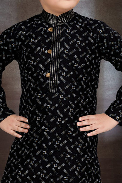 Black Cotton Printed Boys Kurta Pajama (NKK-786) - Nihal Fashions