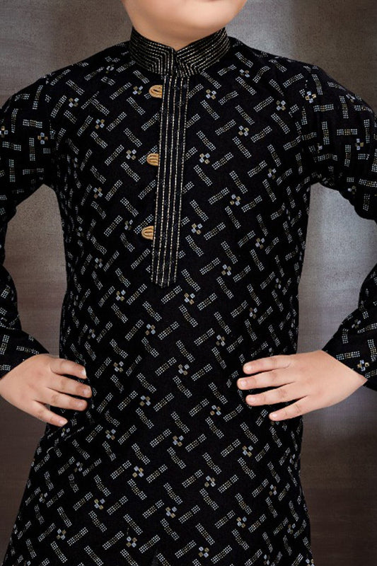 Black Cotton Printed Boys Kurta Pajama (NKK-786) - Nihal Fashions