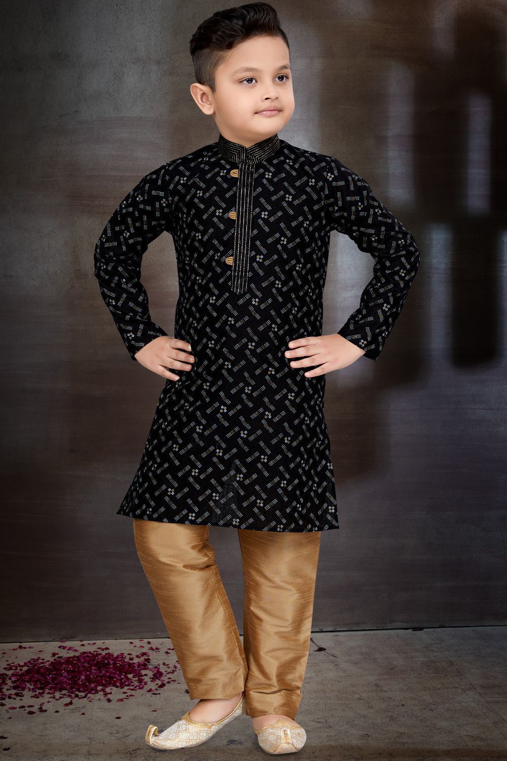 Black Cotton Printed Boys Kurta Pajama (NKK-786) - Nihal Fashions