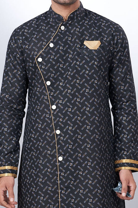 Black Cotton Printed Mens Indo Western (NMK-6924) - Nihal Fashions