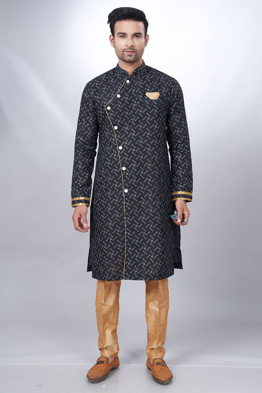 Black Cotton Printed Mens Indo Western (NMK-6924) - Nihal Fashions