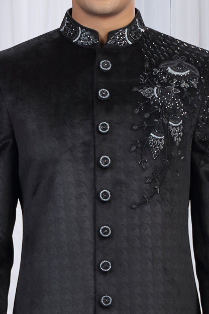 Black Embossed Velvet Indo Western (NMK-8684) - Nihal Fashions
