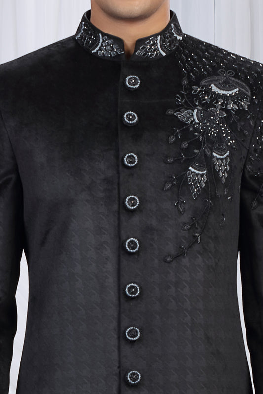 Black Embossed Velvet Indo Western (NMK-8684) - Nihal Fashions