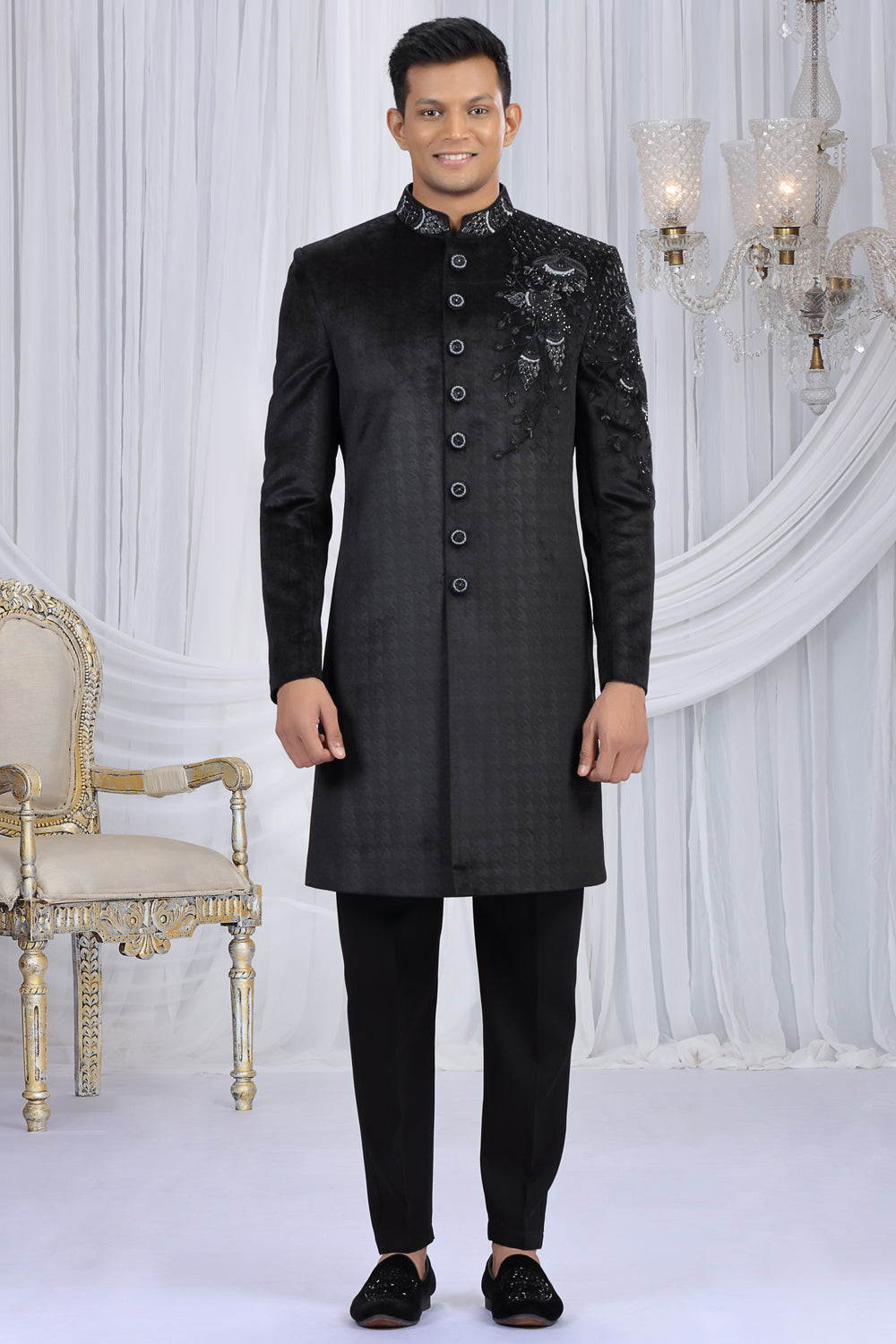 Black Embossed Velvet Indo Western (NMK-8684) - Nihal Fashions