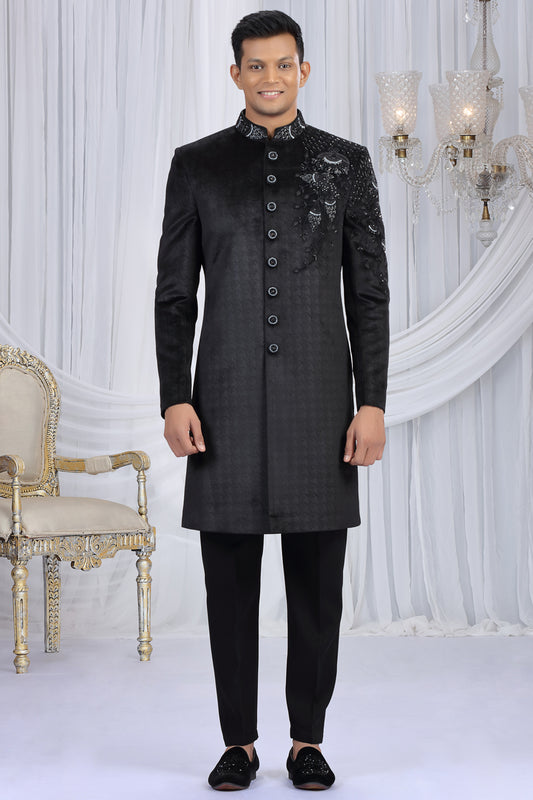 Black Embossed Velvet Indo Western (NMK-8684) - Nihal Fashions
