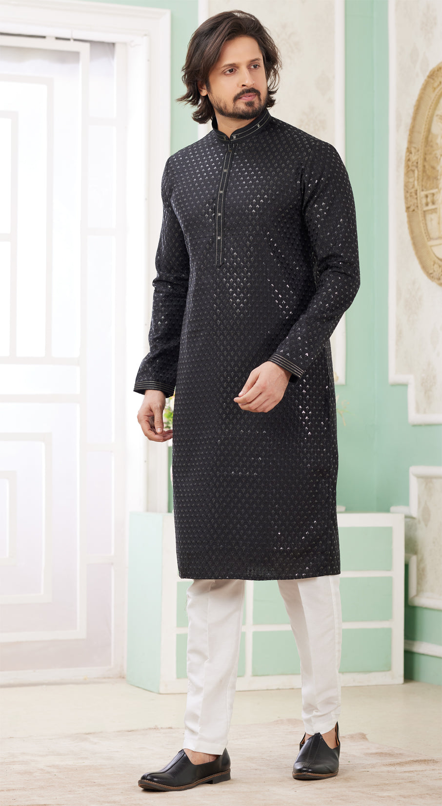 Black Embroidered Art Silk Kurta Pajama (NMK-8366) - Nihal Fashions