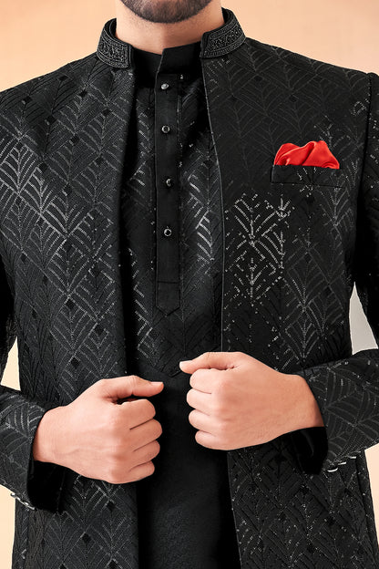 Black Embroidered Silk Indo Western (NMK-8541) - Nihal Fashions