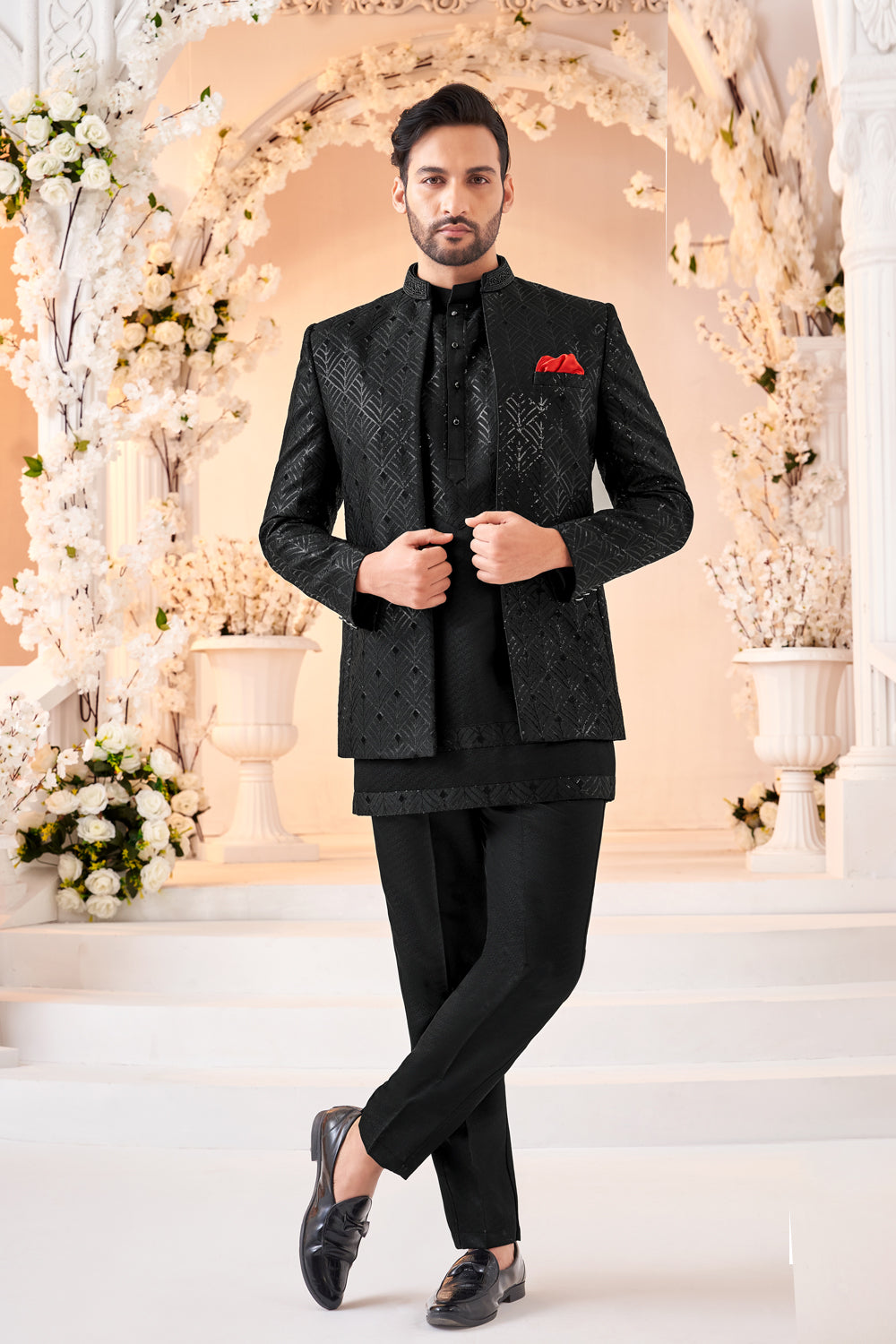 Black Embroidered Silk Indo Western (NMK-8541) - Nihal Fashions