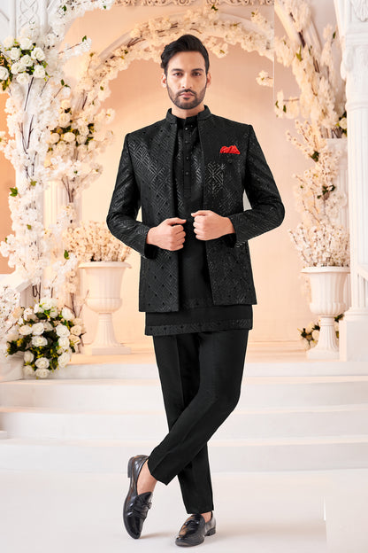 Black Embroidered Silk Indo Western (NMK-8541) - Nihal Fashions