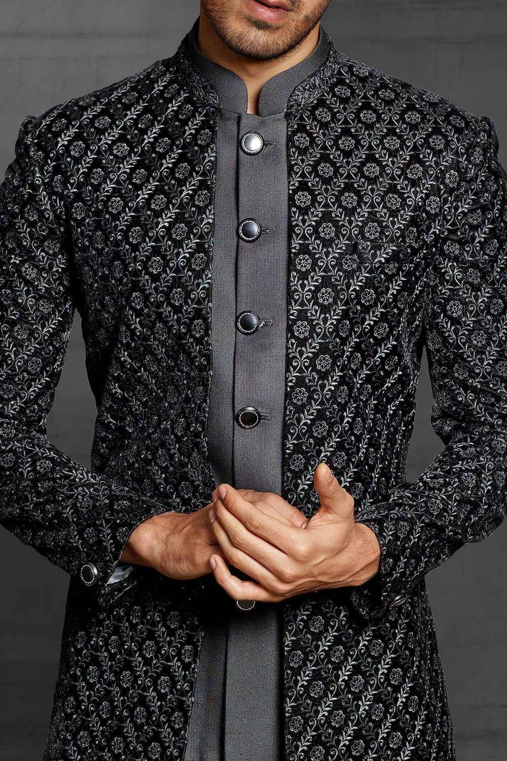 Black Imported Embroidered Indowestern (NMK-5467 )