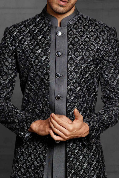 Black Imported Embroidered Indowestern (NMK-5467 )