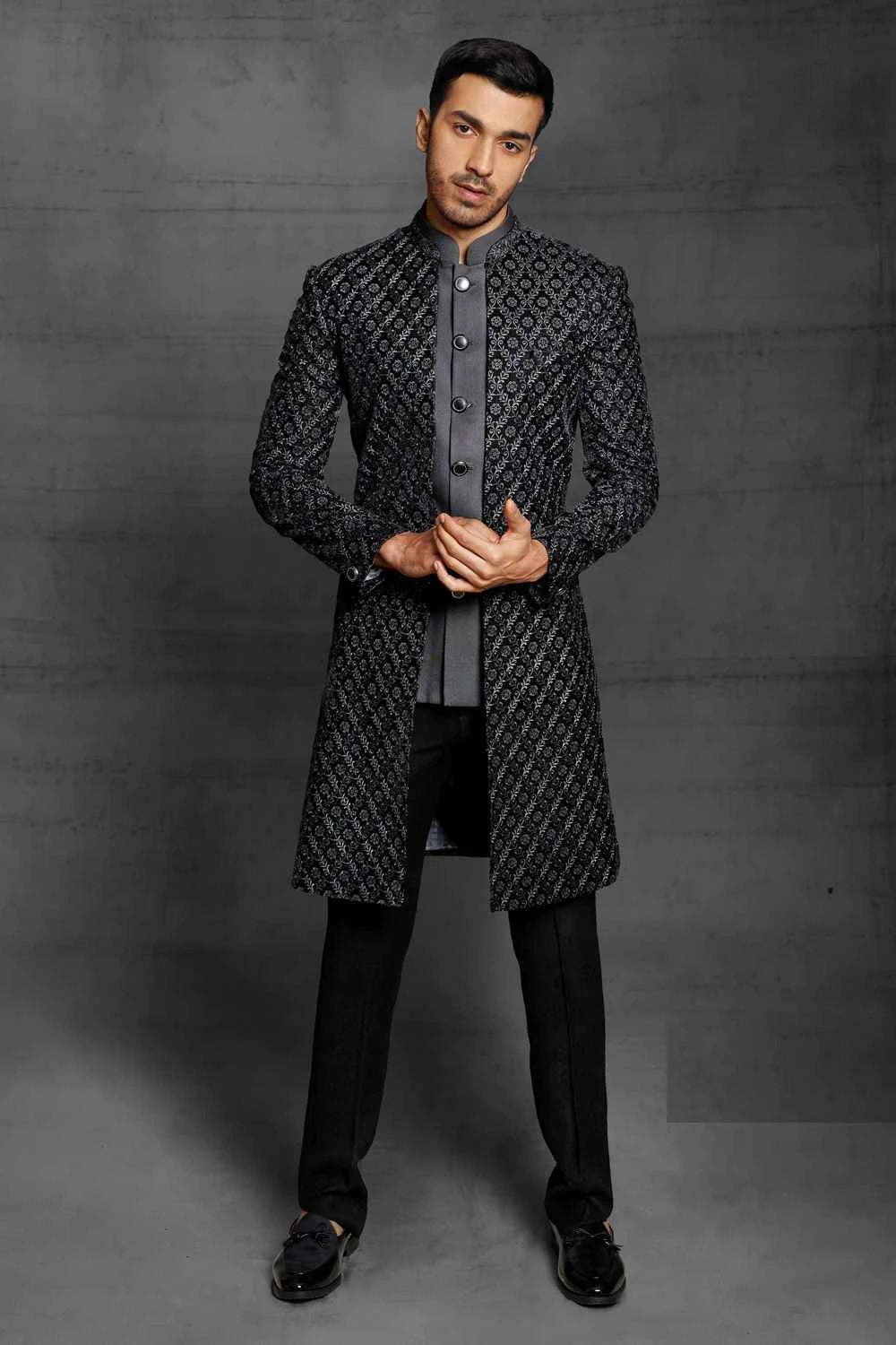 Black Imported Embroidered Indowestern (NMK-5467 )