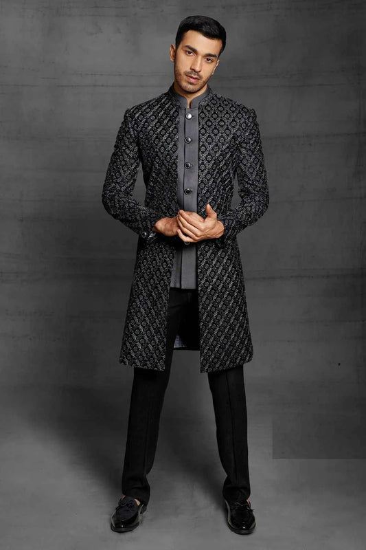 Black Imported Embroidered Indowestern (NMK-5467 )