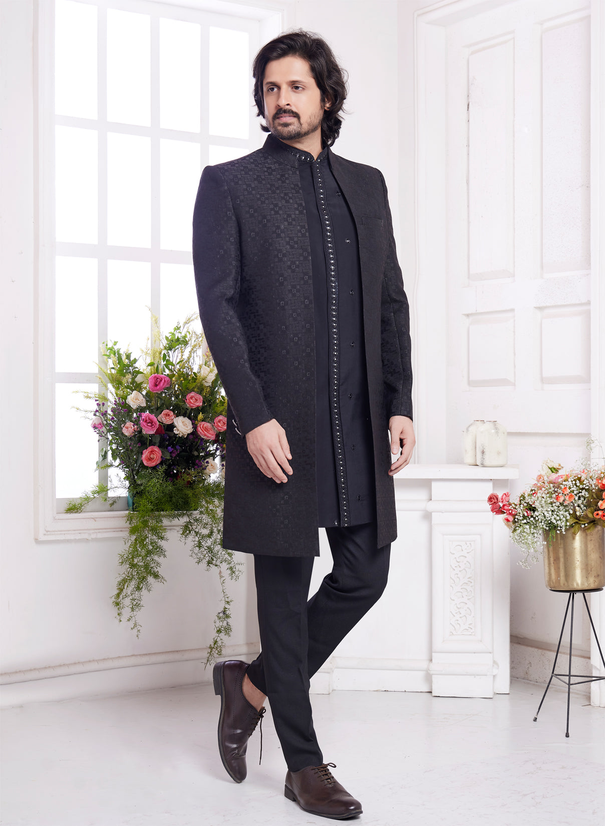 Black Imported Jaquard Silk 3 Pcs Jacket Set (NMK-8337) - Nihal Fashions