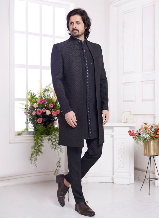 Black Imported Jaquard Silk 3 Pcs Jacket Set (NMK-8337) - Nihal Fashions
