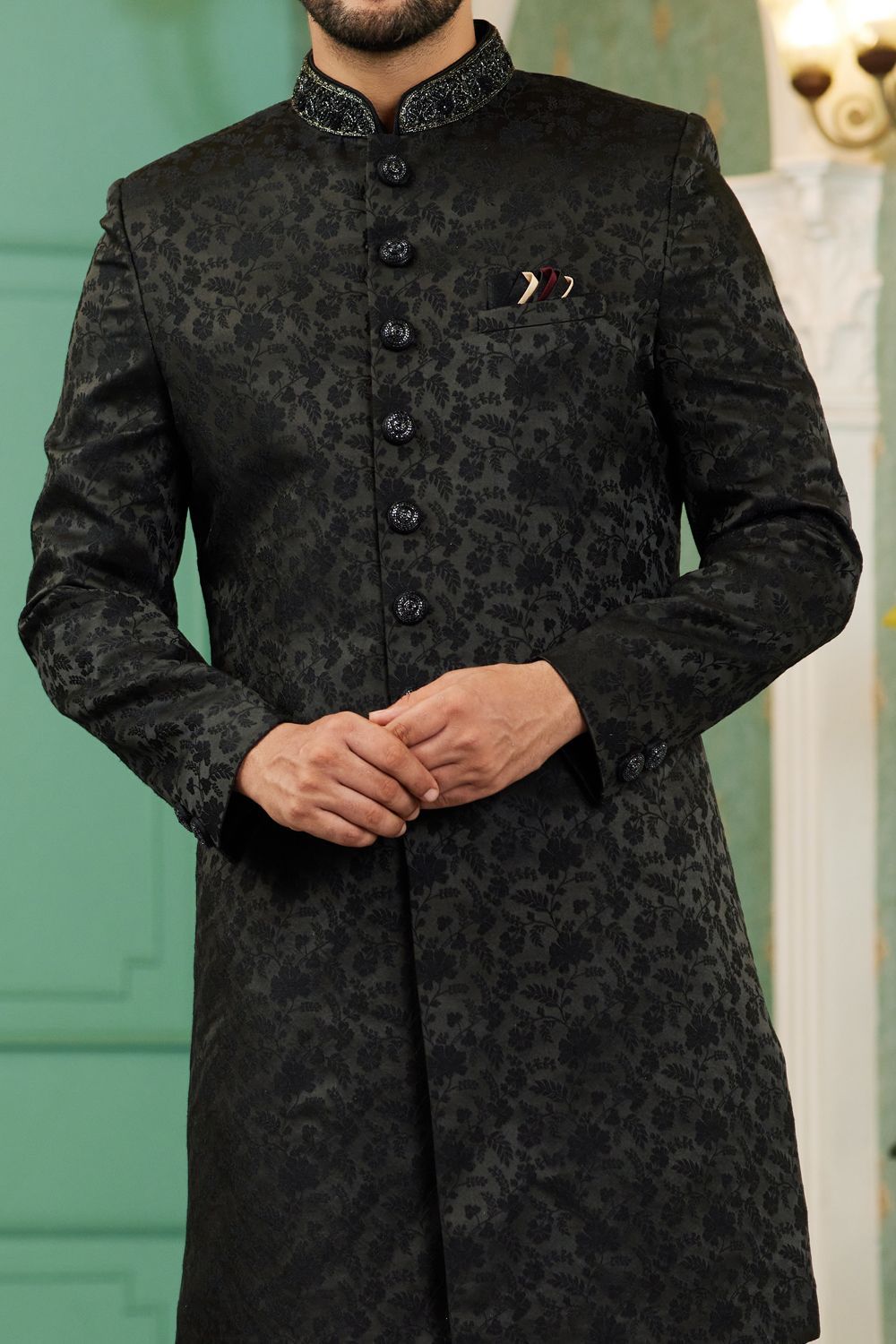 Black Imported Jaquard Silk Indo Western (NMK-7146) - Nihal Fashions