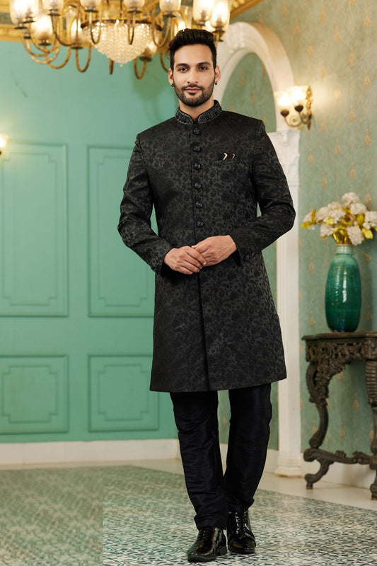 Black Imported Jaquard Silk Indo Western (NMK-7146) - Nihal Fashions