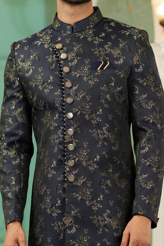 Black Imported Jaquard Silk Indo Western (NMK-7152) - Nihal Fashions