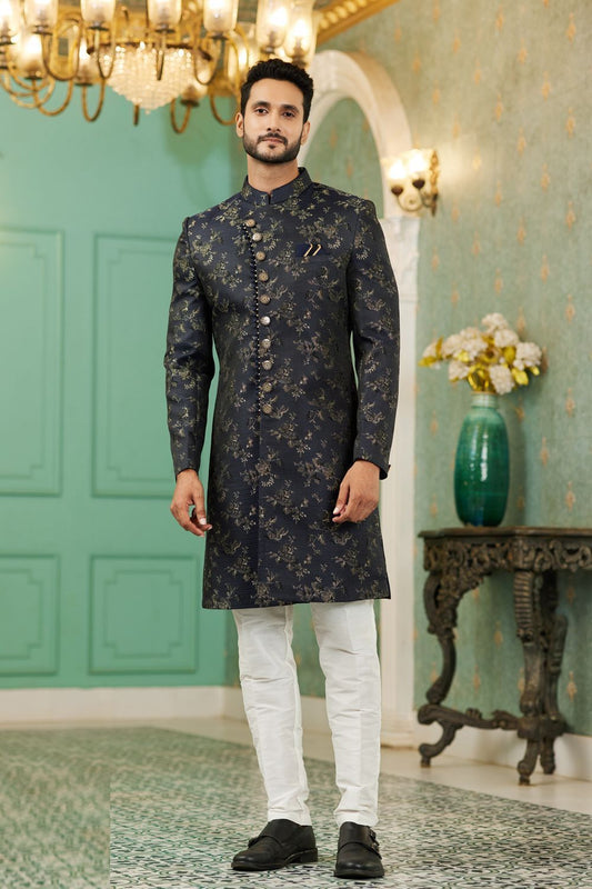 Black Imported Jaquard Silk Indo Western (NMK-7152) - Nihal Fashions