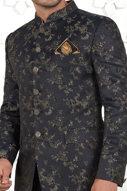 Black Imported Jaquard Silk Indo Western (NMK-7216) - Nihal Fashions
