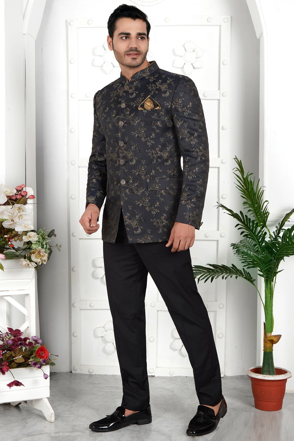 Black Imported Jaquard Silk Indo Western (NMK-7216) - Nihal Fashions