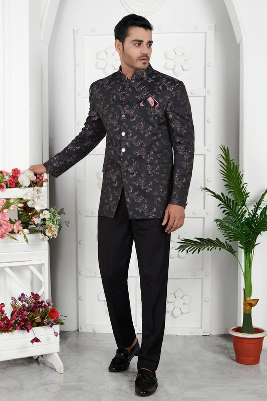 Black Imported Jaquard Silk Indo Western (NMK-7217) - Nihal Fashions