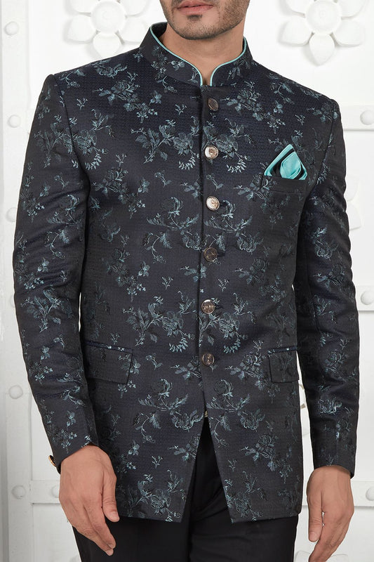 Black Imported Jaquard Silk Indo Western (NMK-7218) - Nihal Fashions