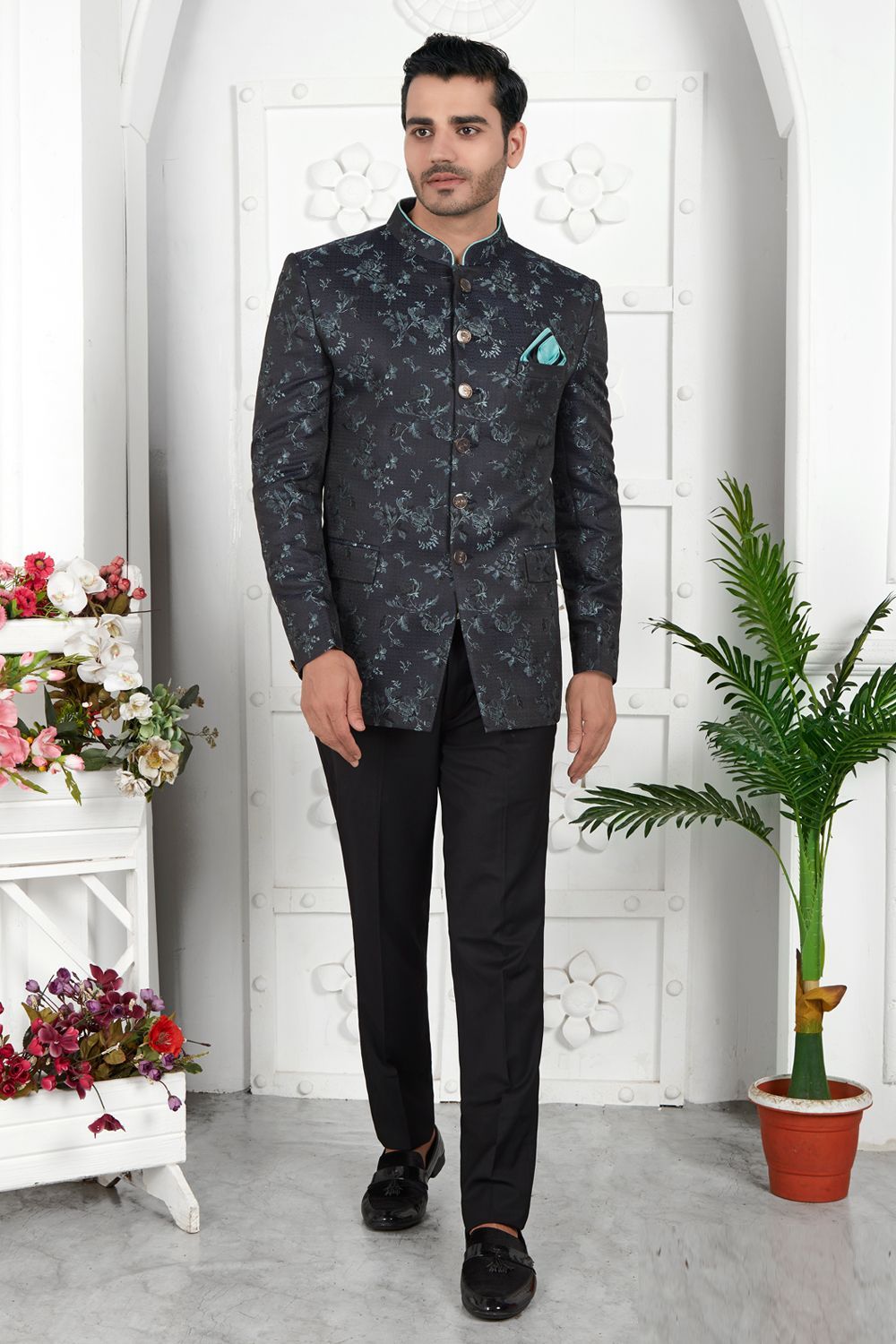 Black Imported Jaquard Silk Indo Western (NMK-7218) - Nihal Fashions