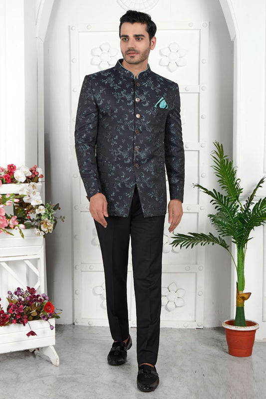 Black Imported Jaquard Silk Indo Western (NMK-7218) - Nihal Fashions