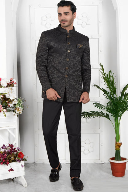 Black Imported Jaquard Silk Indo Western (NMK-7221) - Nihal Fashions