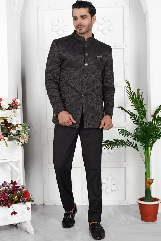 Black Imported Jaquard Silk Indo Western (NMK-7221) - Nihal Fashions