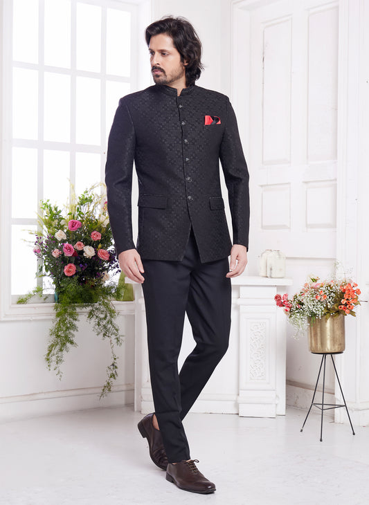Black Imported Jaquard Silk Jodhpuri (NMK-8348) - Nihal Fashions