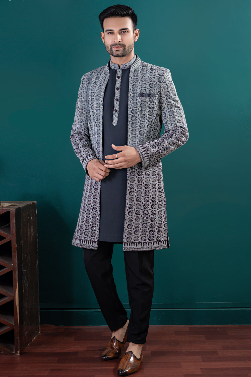 Black Imported kurta with jacket (NMK-8438) - Nihal Fashions