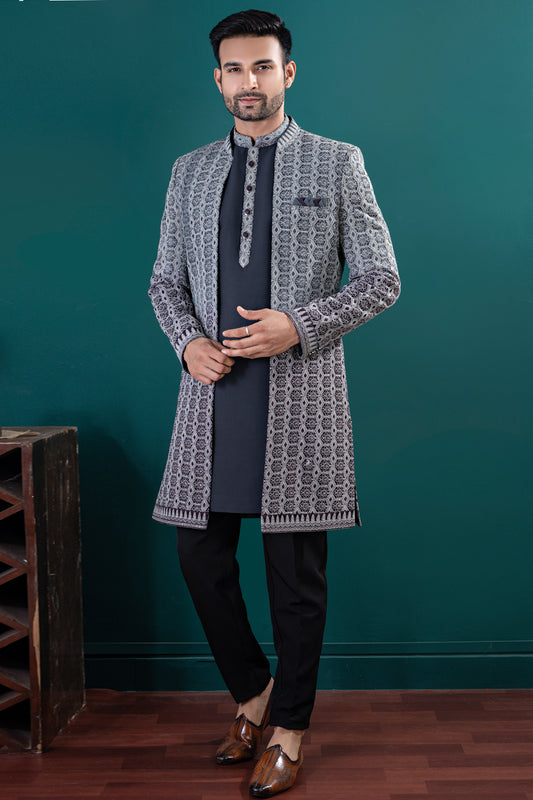 Black Imported kurta with jacket (NMK-8438) - Nihal Fashions