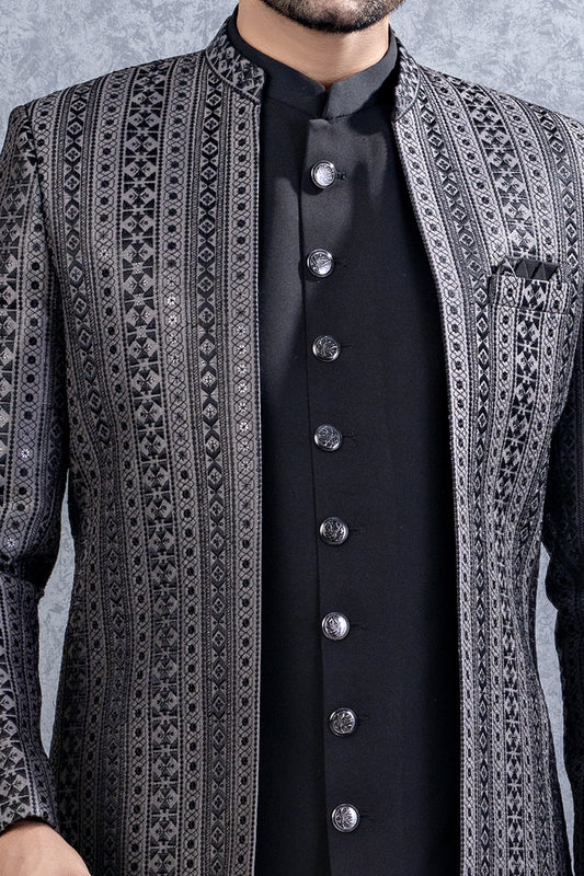 Black Imported kurta with jacket (NMK-8447) - Nihal Fashions