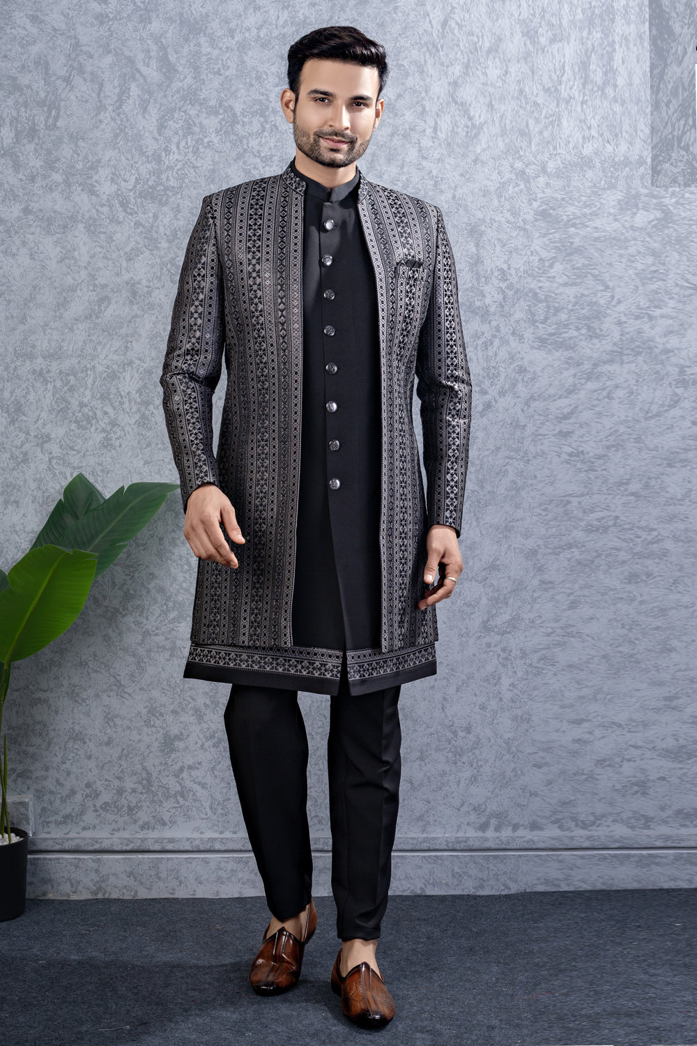 Black Imported kurta with jacket (NMK-8447) - Nihal Fashions