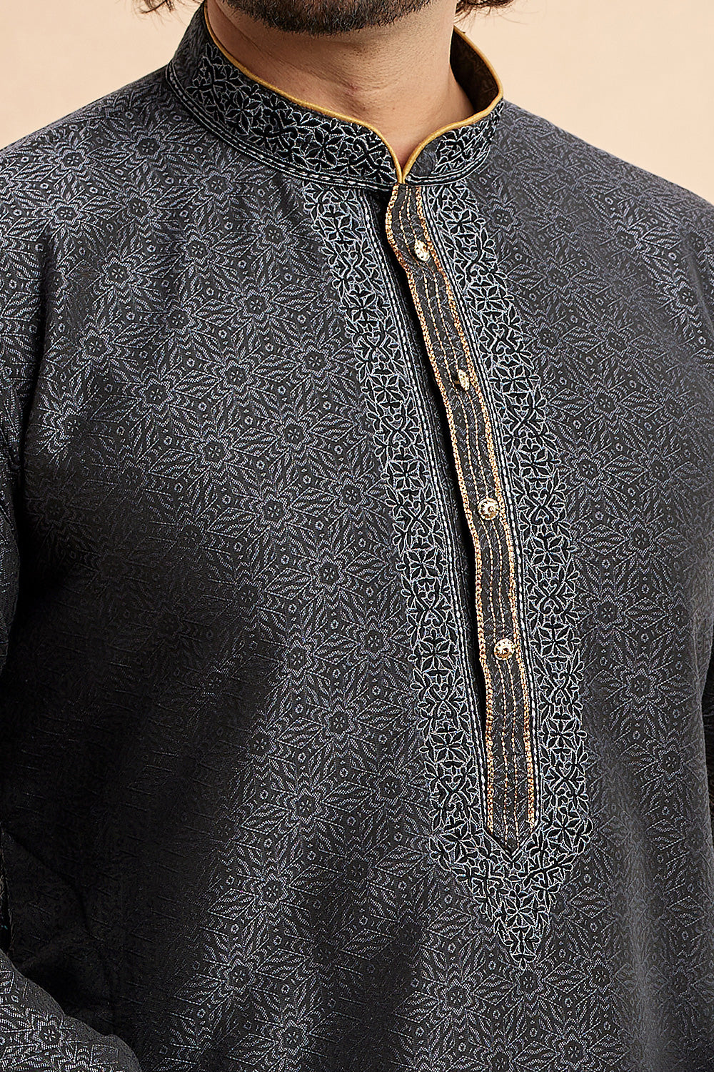 Black Jaquard Art Silk Kurta Pajama (NMK-7918) - Nihal Fashions