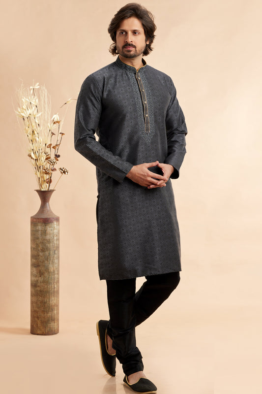 Black Jaquard Art Silk Kurta Pajama (NMK-7918) - Nihal Fashions