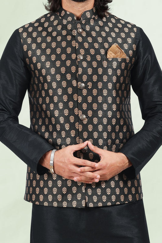 Black Jaquard Banarasi Silk Nehru Jacket (NMK-6687) - Nihal Fashions