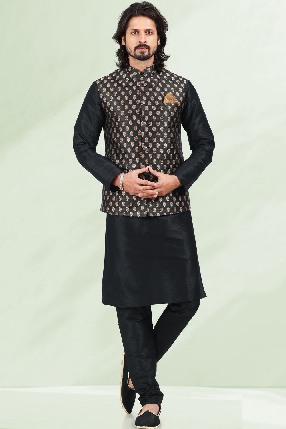 Black Jaquard Banarasi Silk Nehru Jacket (NMK-6687) - Nihal Fashions