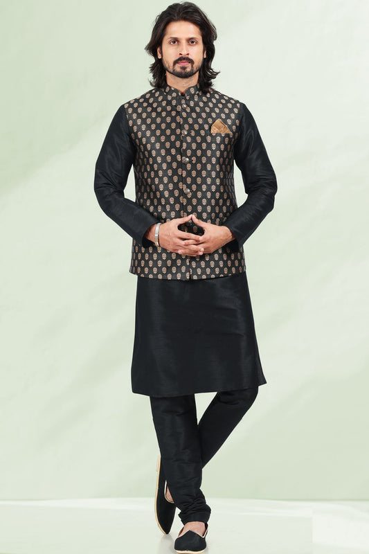 Black Jaquard Banarasi Silk Nehru Jacket (NMK-6687) - Nihal Fashions