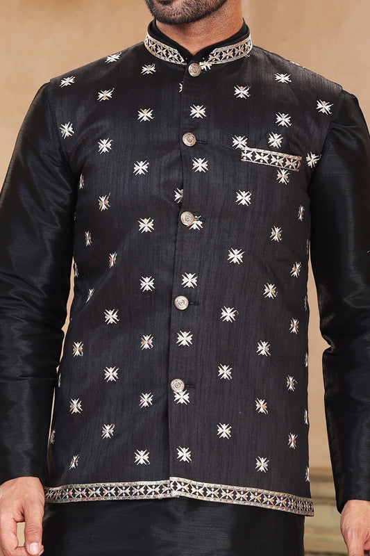 Black Jaquard Banarasi Silk Nehru Jacket (NMK-6911) - Nihal Fashions