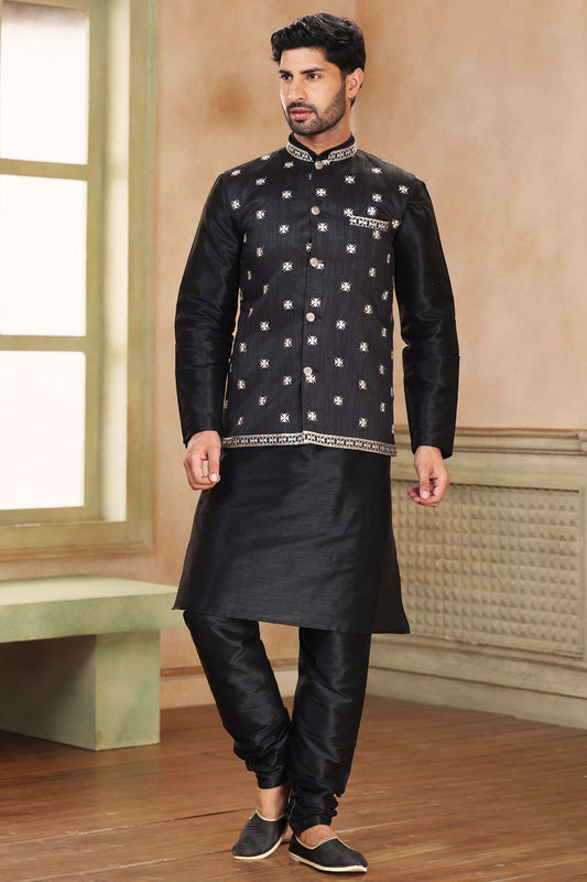 Black Jaquard Banarasi Silk Nehru Jacket (NMK-6911) - Nihal Fashions