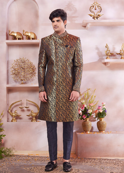 Black Jaquard Banarasi Silk Sherwani (NMK-8315) - Nihal Fashions