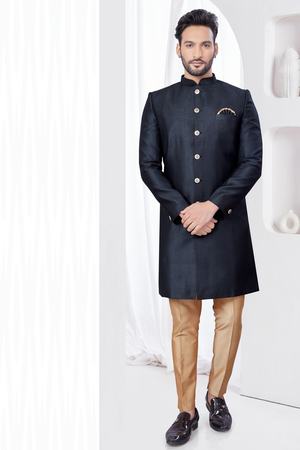 Black Jaquard Mens Indo Western (NMK-7776) - Nihal Fashions